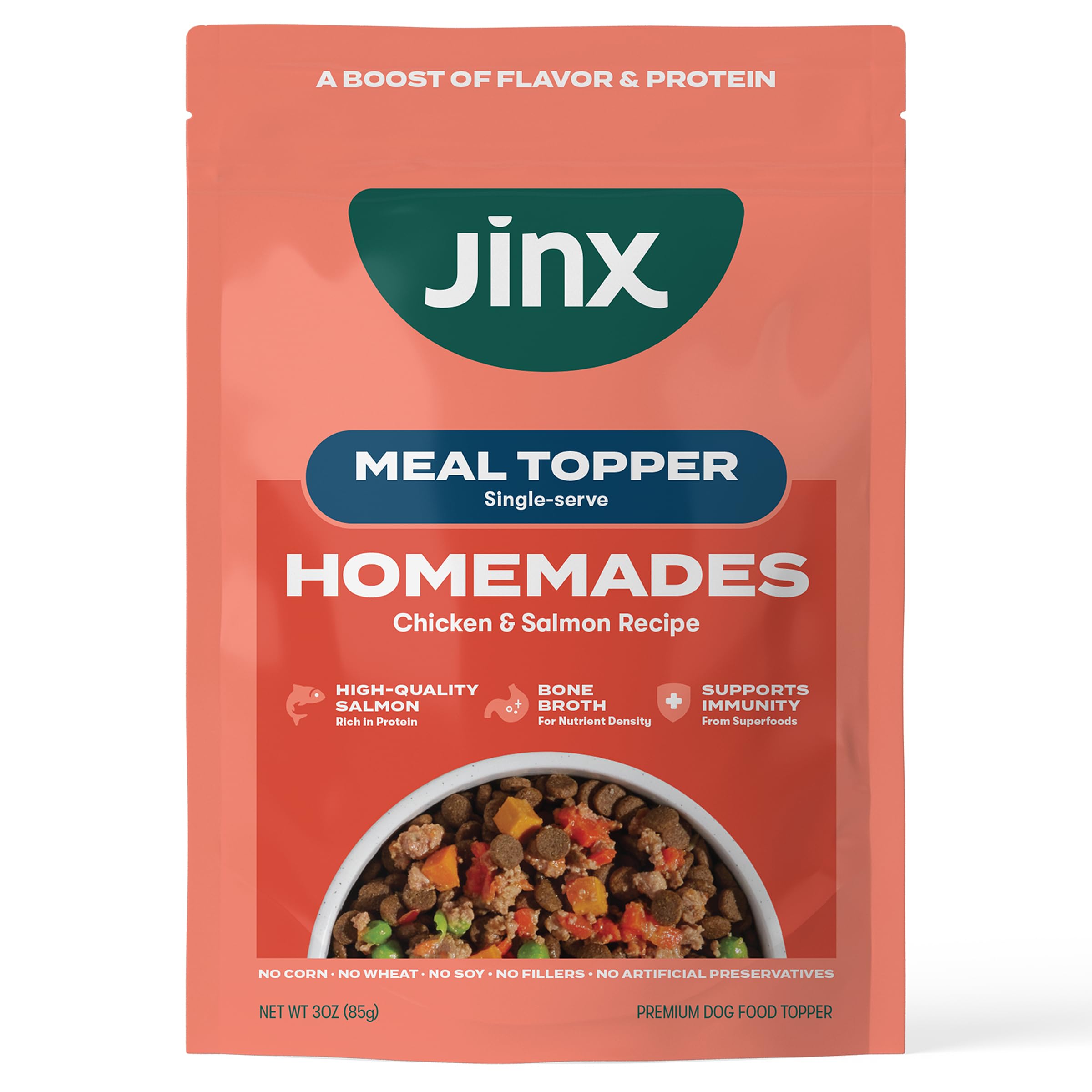 Jinx Toppers Saumon et Poulet – sachet ouvert, goût maison appétissant pour chien.