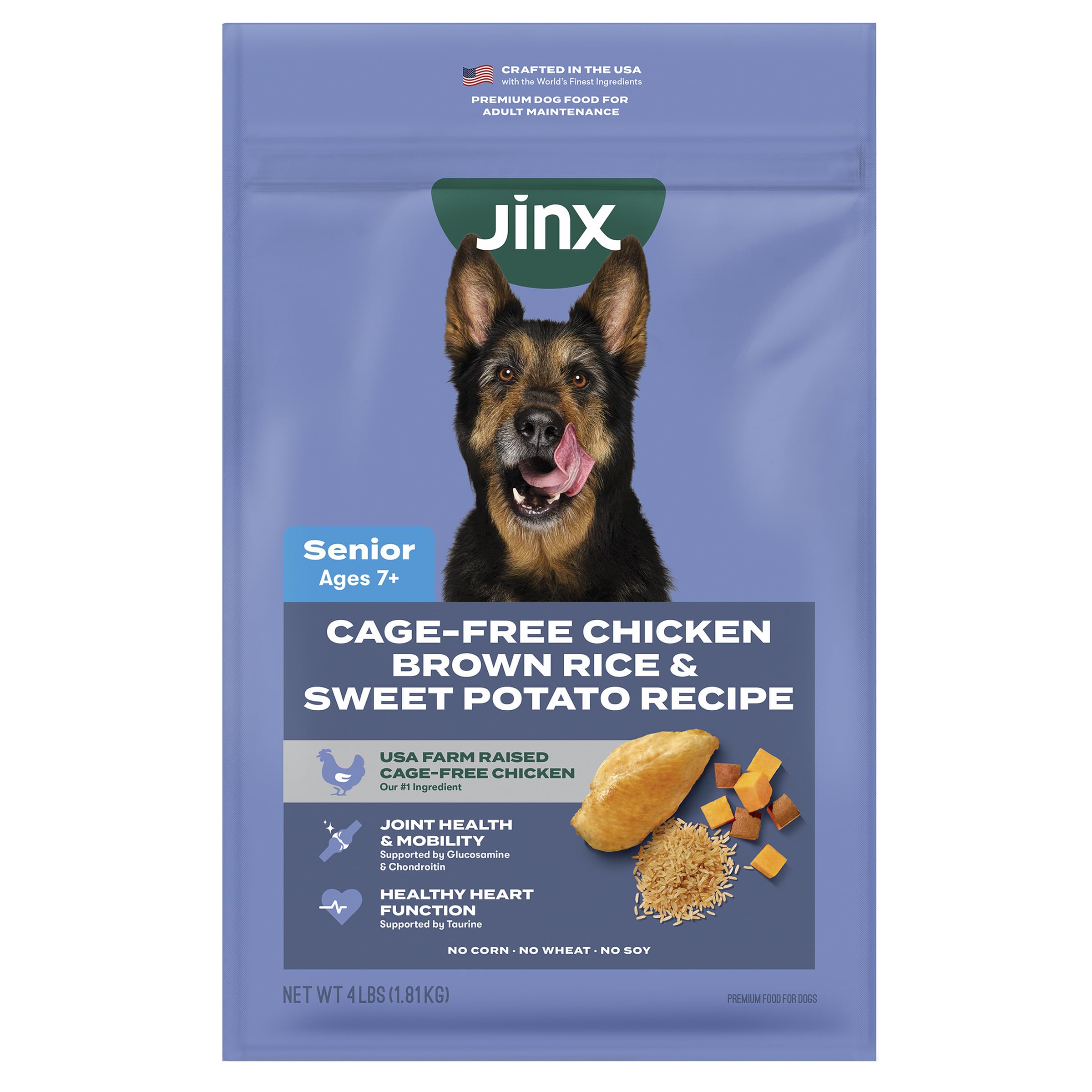 Croquettes Jinx Senior au poulet et riz brun, favorisant digestion et énergie.