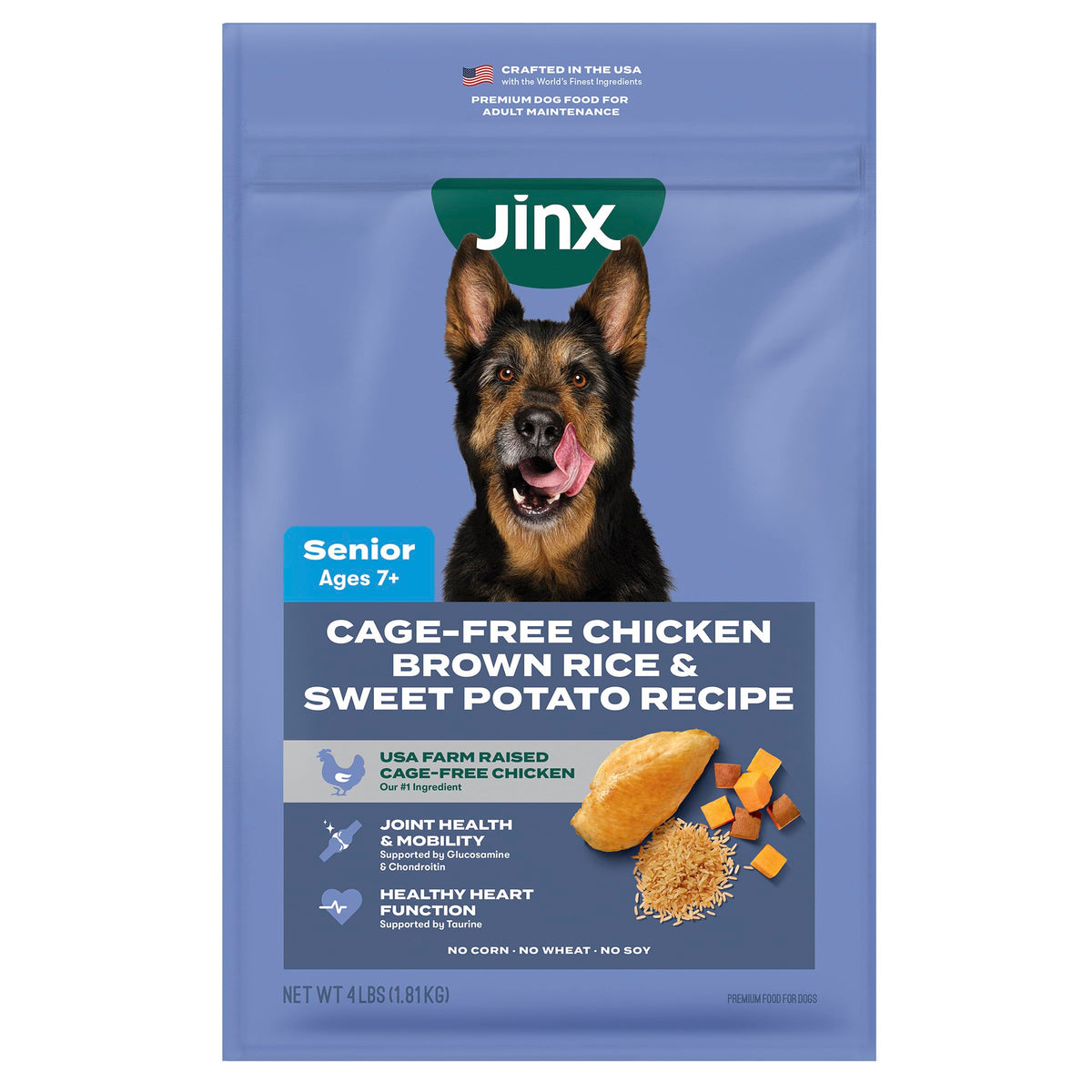Croquettes Jinx Senior au poulet et riz brun, favorisant digestion et énergie.