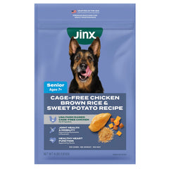 Croquettes Jinx Senior au poulet et riz brun, favorisant digestion et énergie.