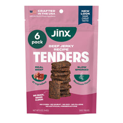 Jinx Tenders avec boeuf et foie visibles, premier ingrédient savoureux pour chien.