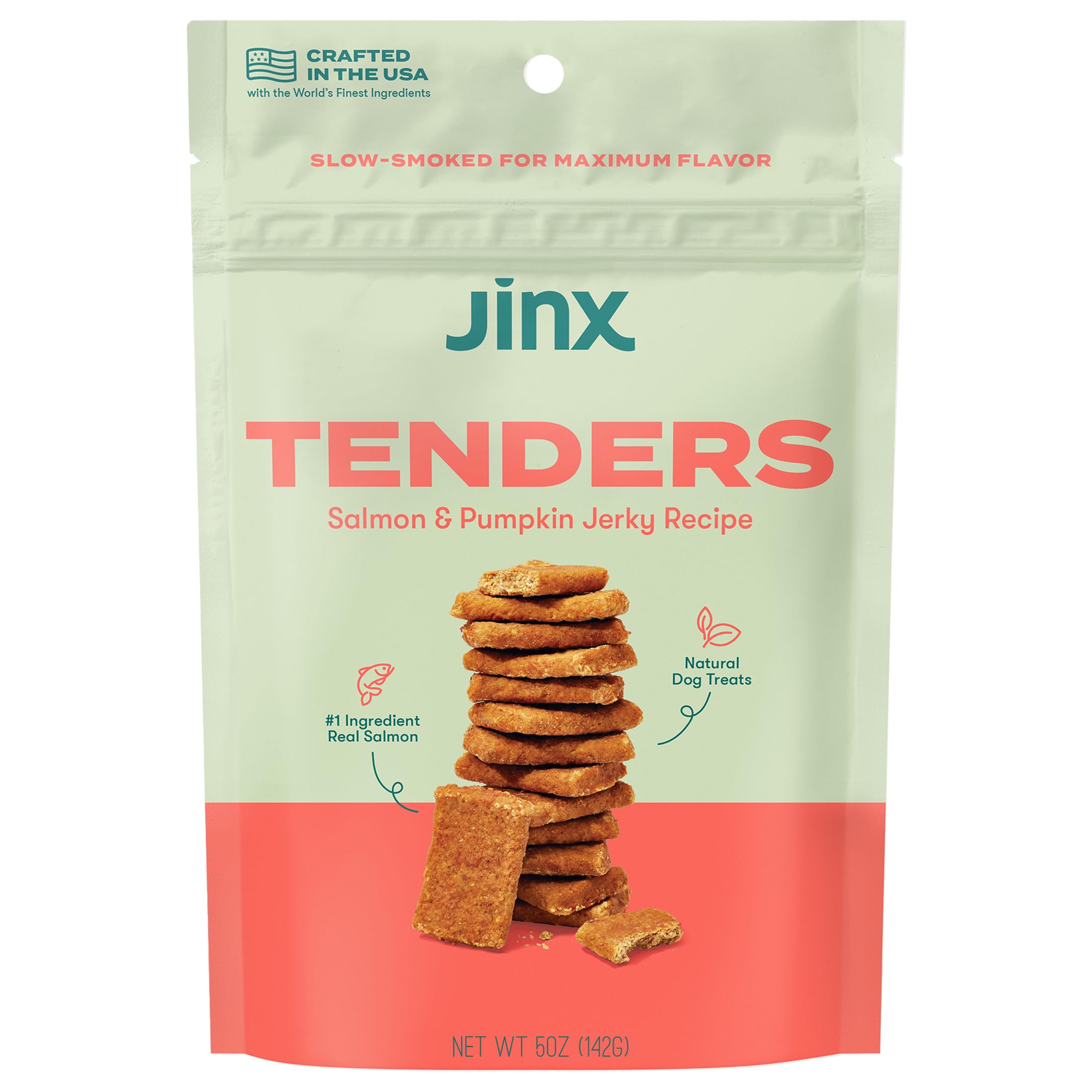Jinx Tenders Saumon - sachet ouverte, collation pratique pour chiens actifs.