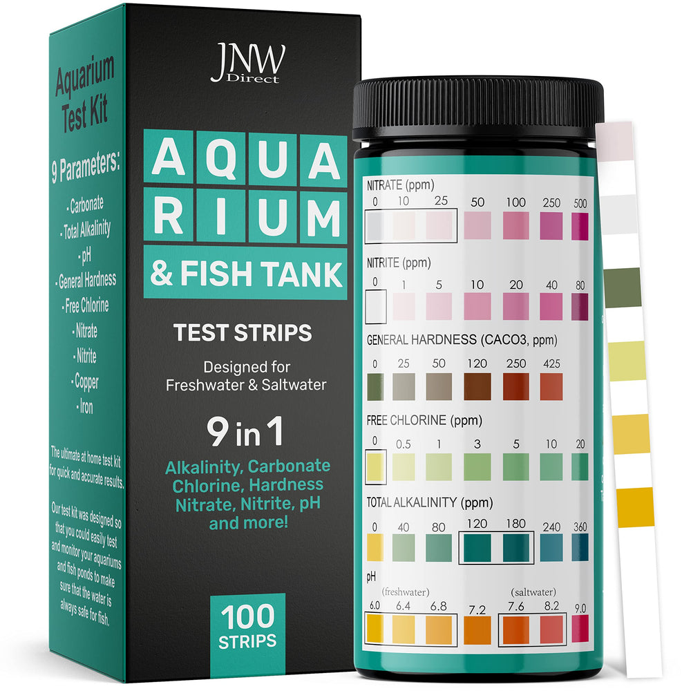 Bandelettes de test JNW Direct pour aquarium, lecture rapide des paramètres.