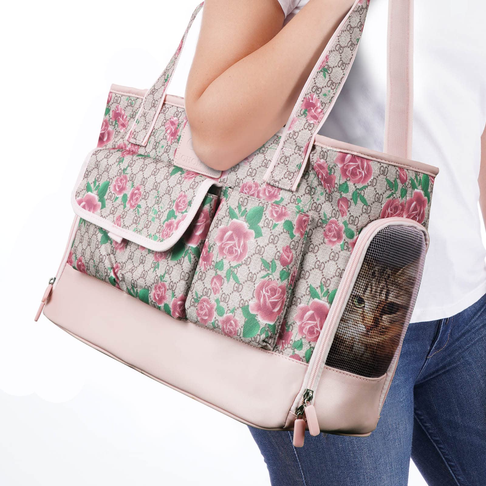 Johomviin sac porte-animal imprimé fleur, vue avant, pratique et sûr pour chats et petits chiens.