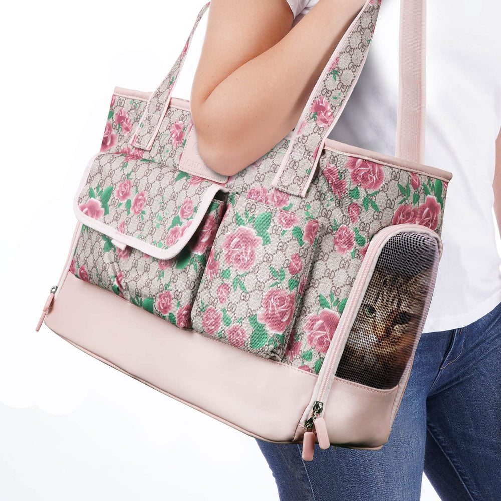 Johomviin sac porte-animal imprimé fleur, vue avant, pratique et sûr pour chats et petits chiens.