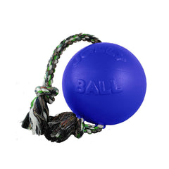 Jolly Pets Romp-n-Roll avec balle et corde bleu, parfait pour petites races et jeux interactifs.