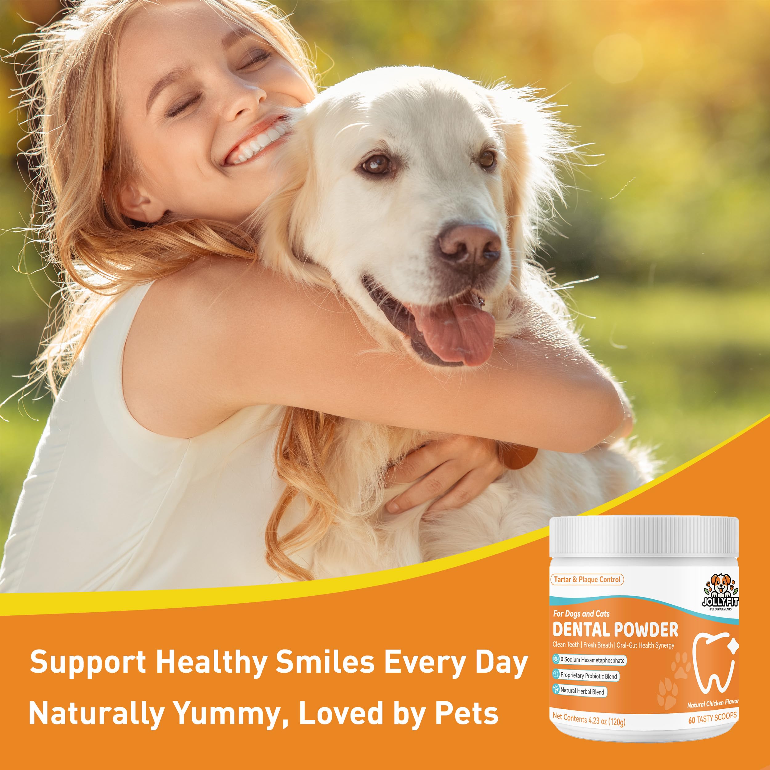 Poudre Jollyfit coco et yucca, hygiène buccale canine quotidienne.