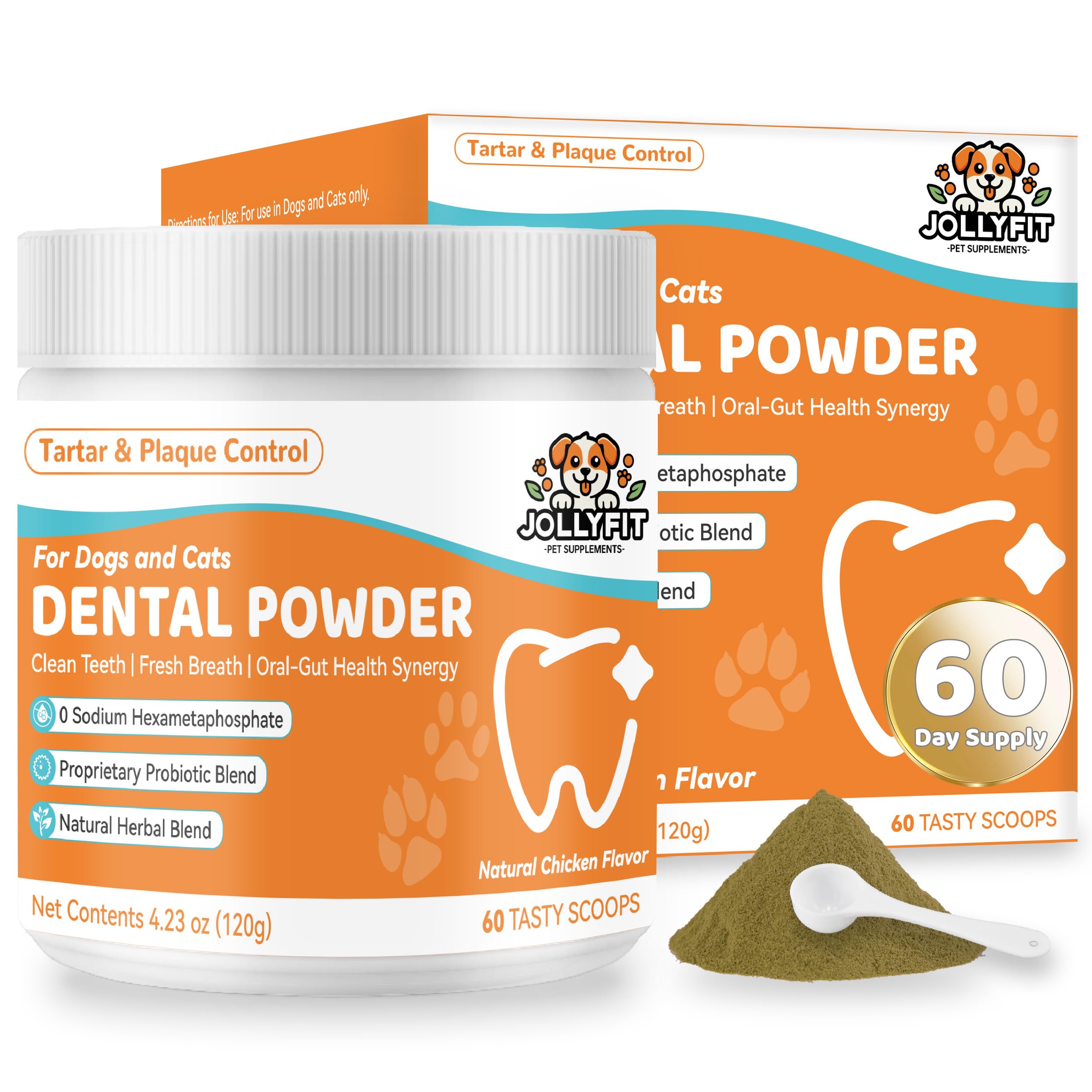 Poudre nettoyante Jollyfit pour chiens en bocal, nettoyage en douceur et haleine fraîche.