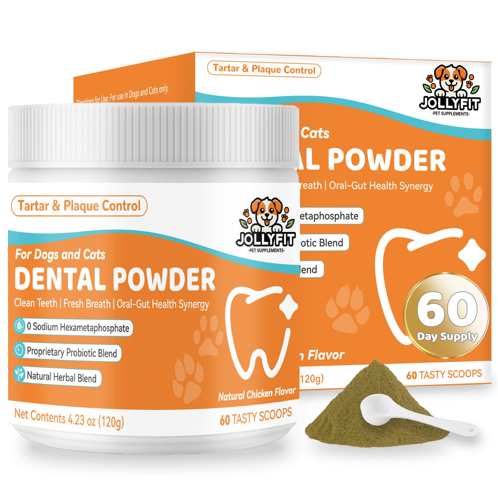 Poudre nettoyante Jollyfit pour chiens en bocal, nettoyage en douceur et haleine fraîche.