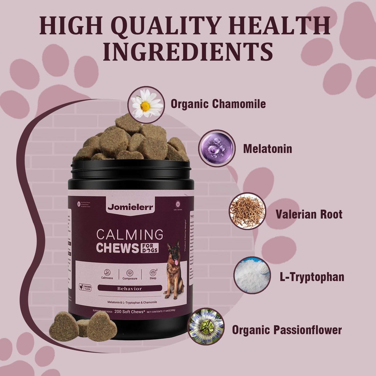 Jomielerr friandises apaisantes pour chiens, dosages quotidiens visibles.