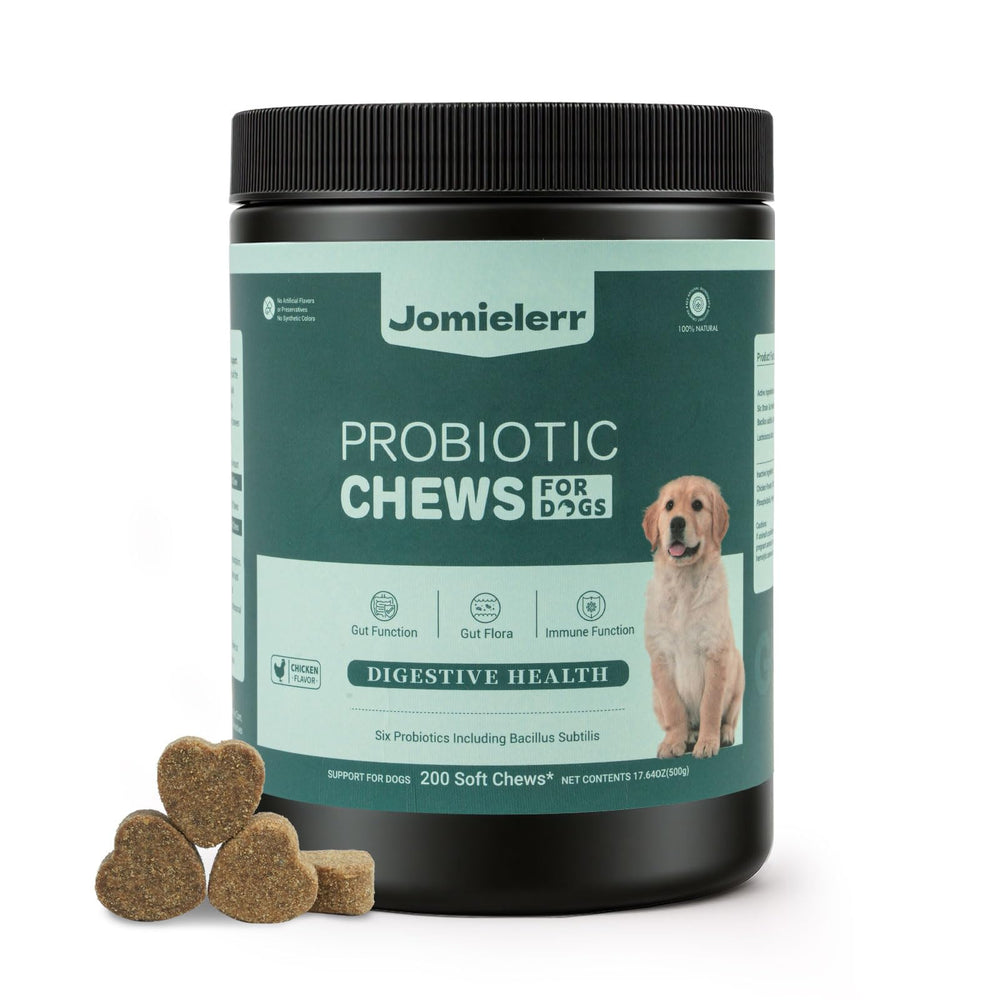 Probiotiques Jomielerr pour chiens, bouteille de friables au goût poulet.