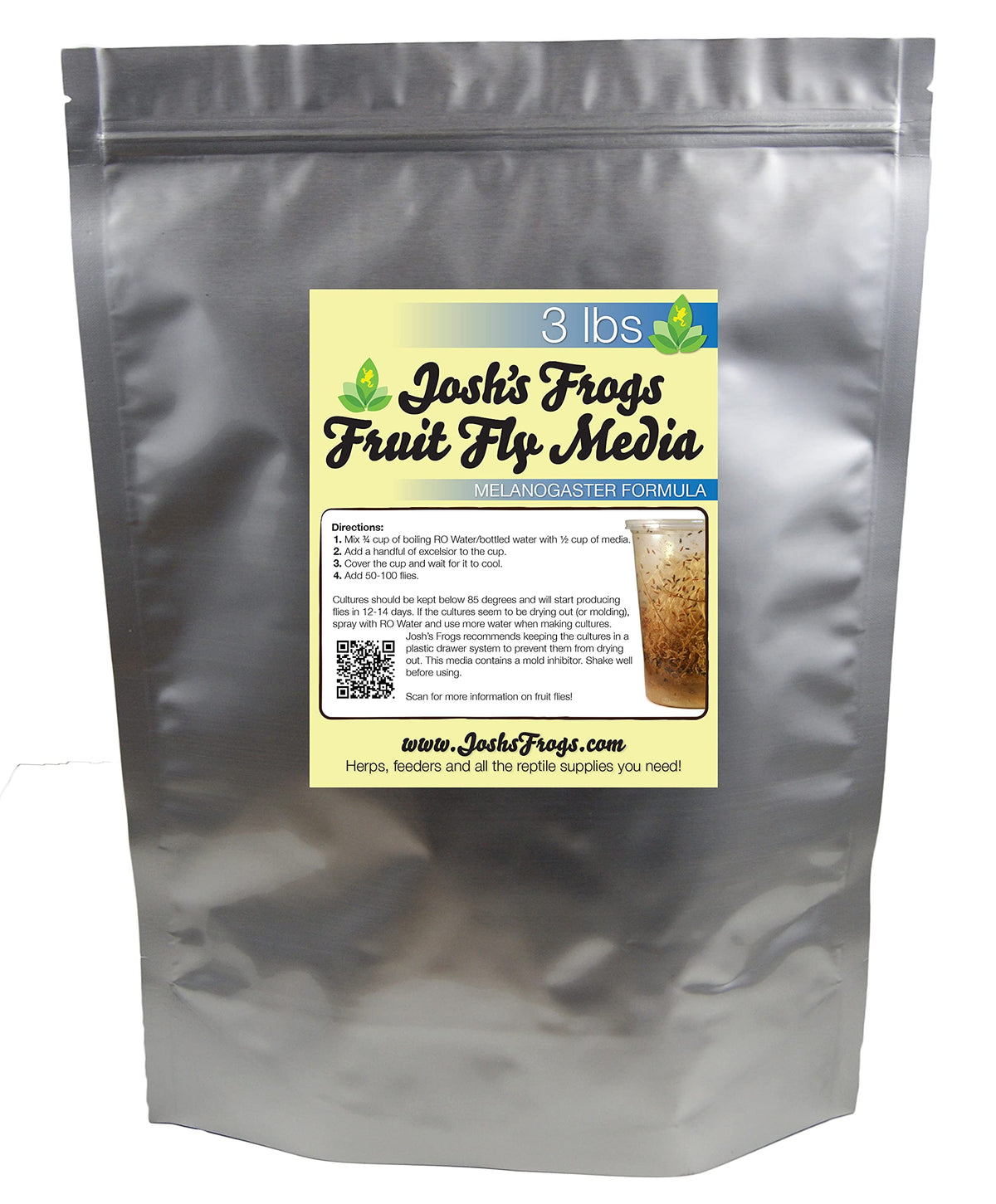 Josh's Frogs media Melanogaster, 3 livres, favorise des cultures saines de mouches des fruits.