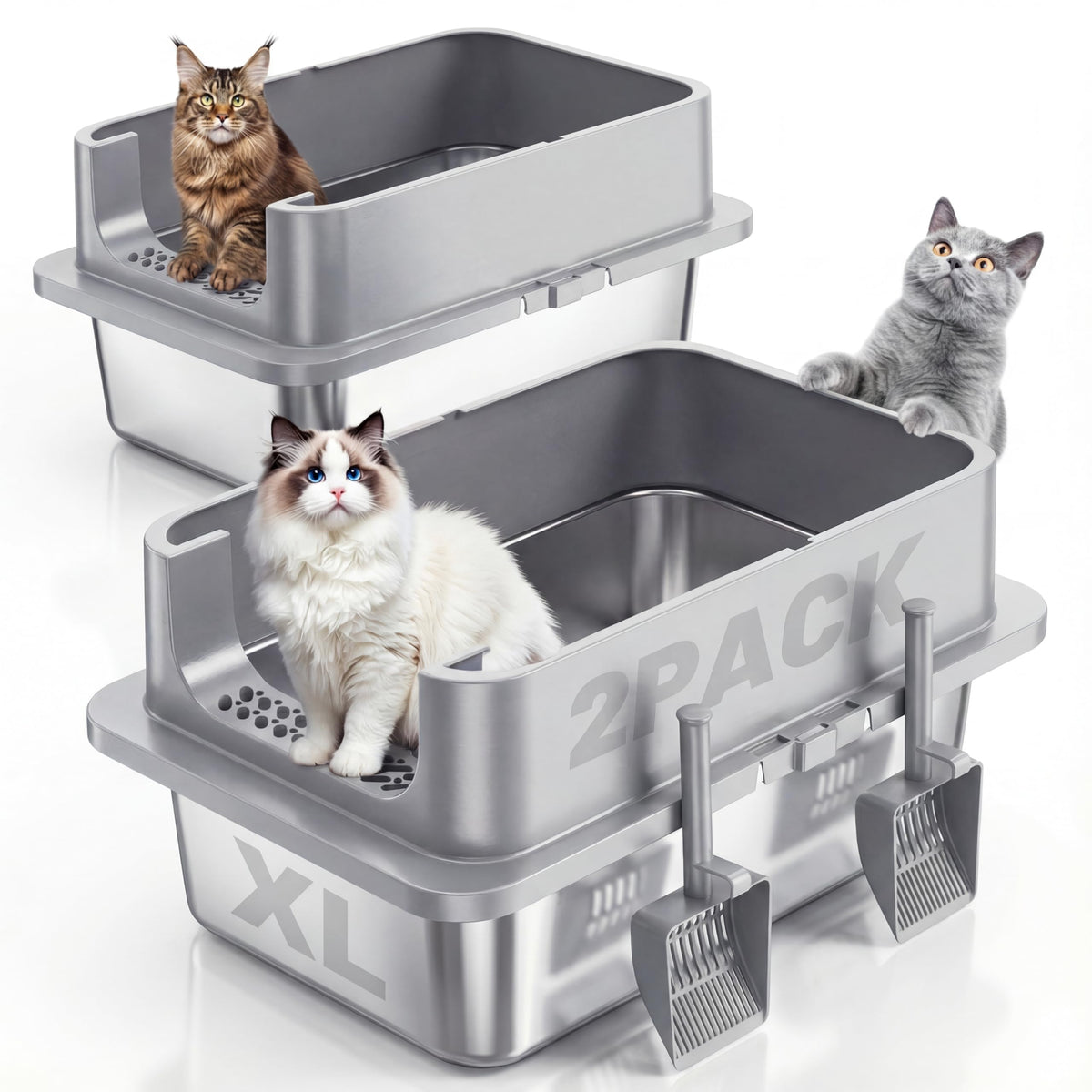 Boîte Jotesnew en acier inox XL avec couvercle pour grands chats; espace et hygiène.