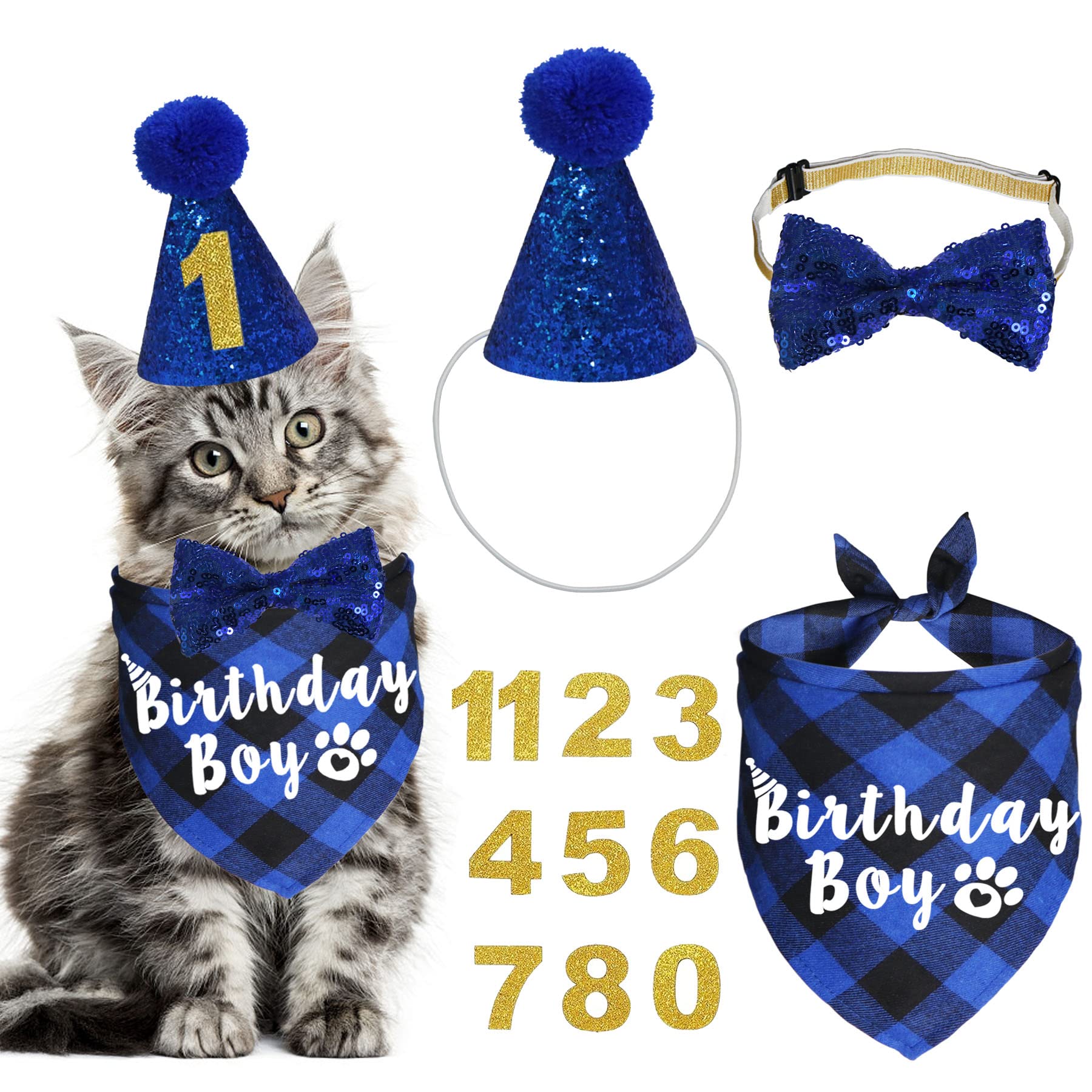 Bandana anniversaire chat JOTFA en coton bleu plaid, élégant et confortable pour les photos festives.