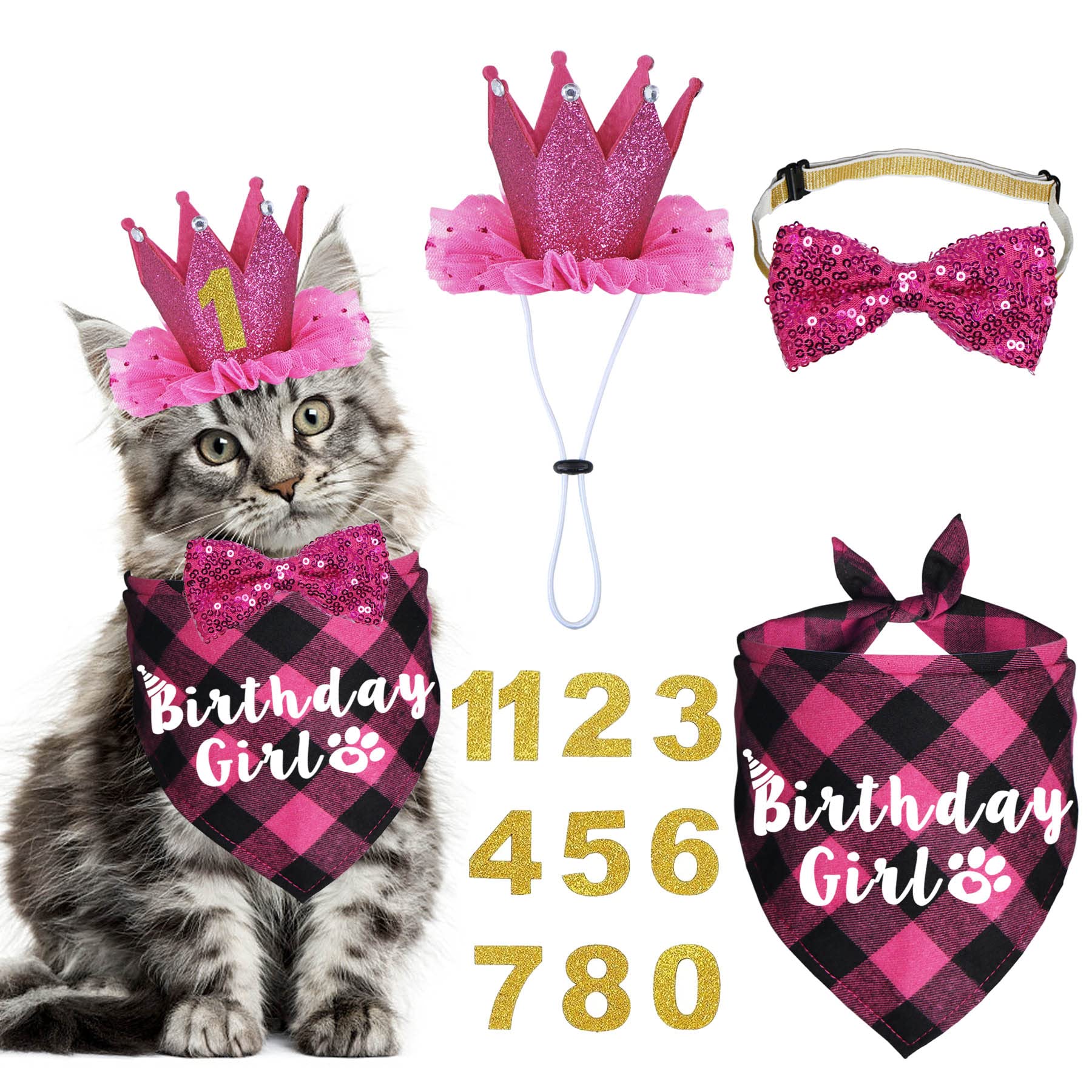 Bandana anniversaire JOTFA pour chat rose, confort optimal pour photos festives.