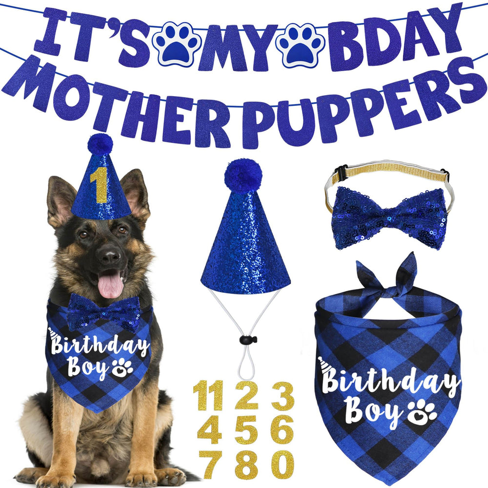 Bandana JOTFA bleu à carreaux, idéal pour l'anniversaire du chien.