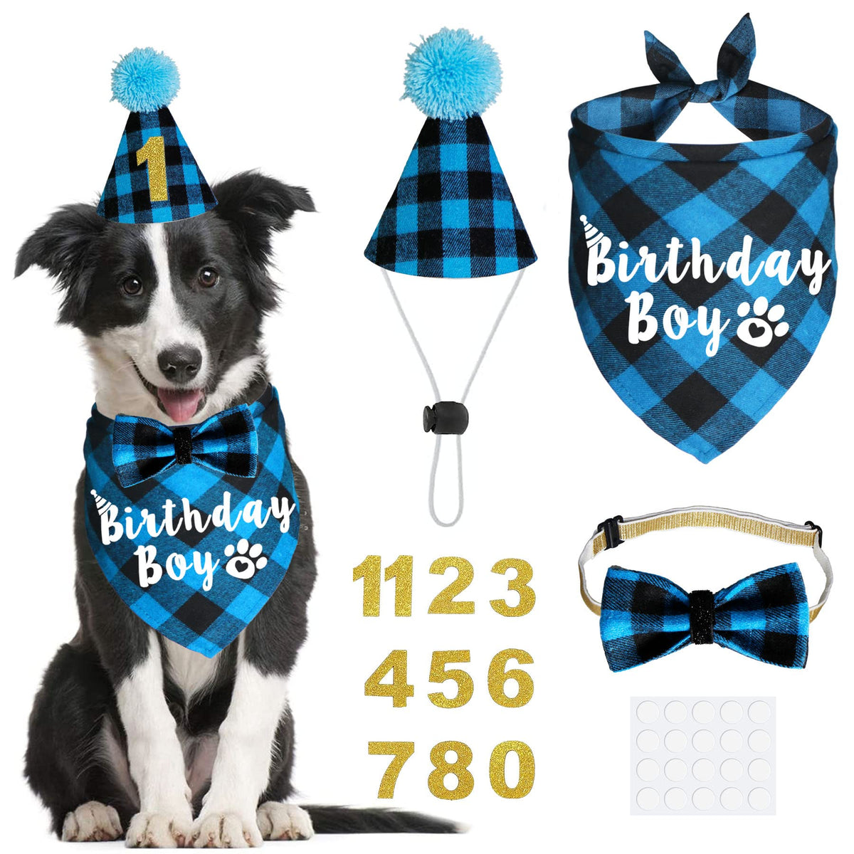 Bandana JOTFA anniversaire pour chien en plaid bleu, idéal pour les séances photo.