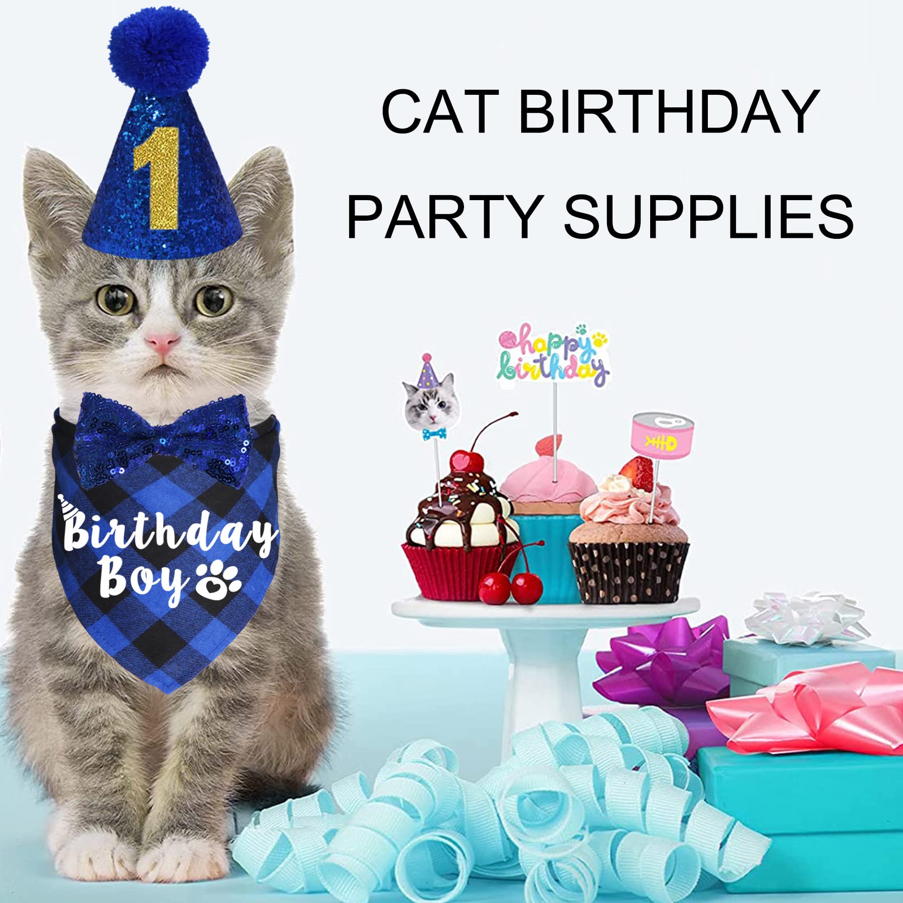 Chapeau anniversaire chat JOTFA bleu, ajustable pour toutes tailles et séances photo.