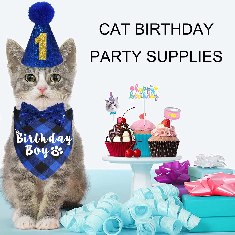 Chapeau anniversaire chat JOTFA bleu, ajustable pour toutes tailles et séances photo.