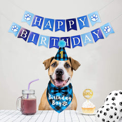 Chapeau anniversaire JOTFA pour chien en plaid bleu, accessoire chic et ajustable.