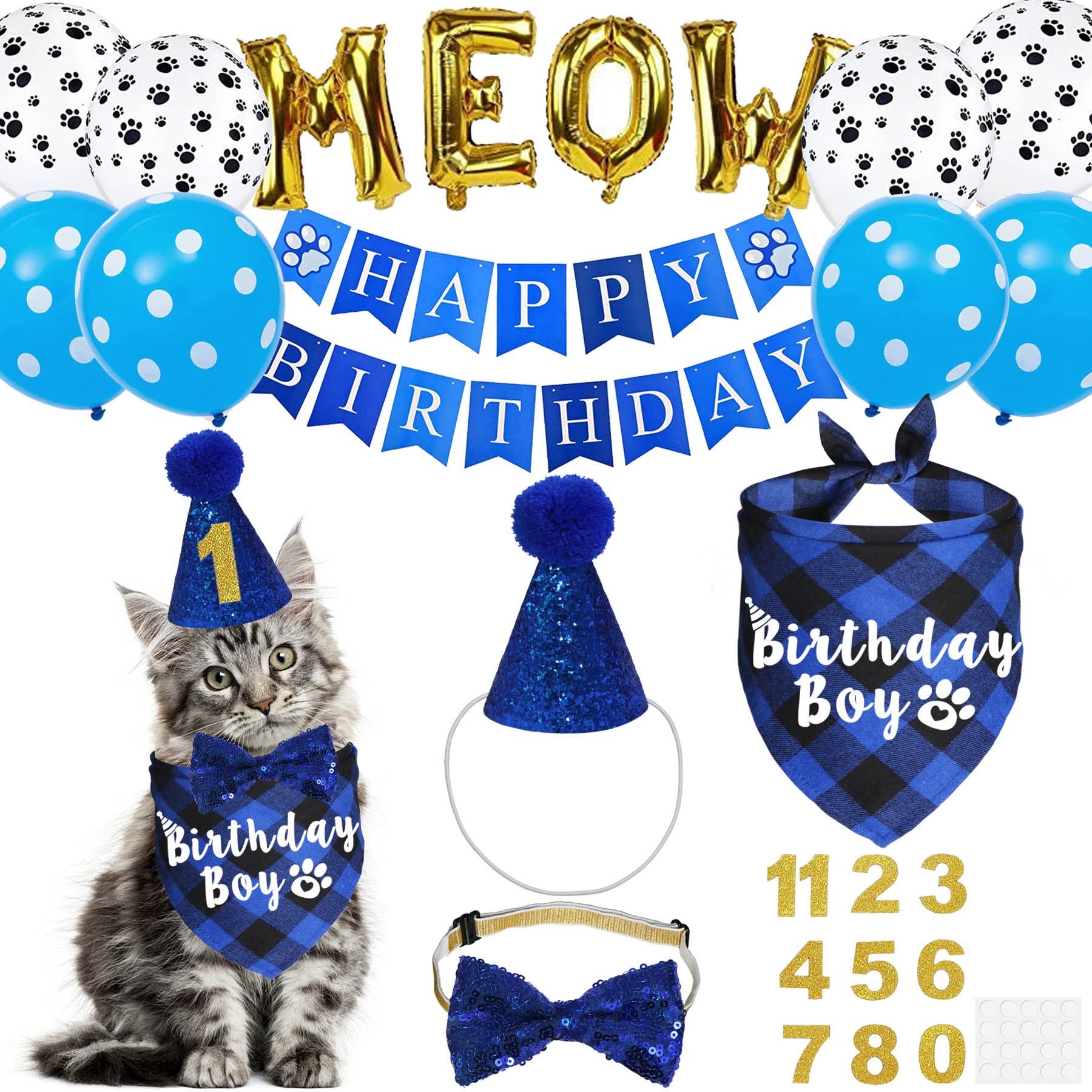 Chat portant chapeau anniversaire JOTFA bleu et ajustable pour photos mémorables.