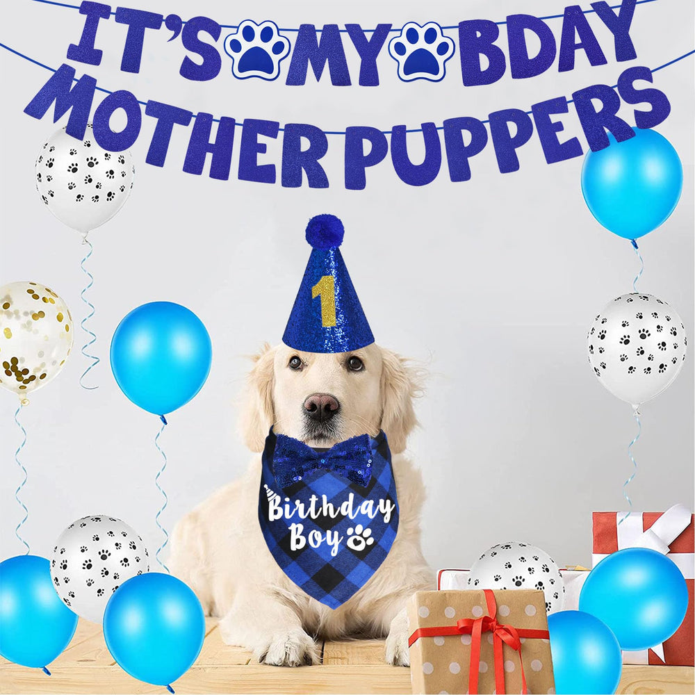 Ensemble anniversaire chien bleu JOTFA, prêt pour des moments festifs.