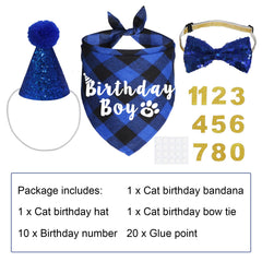 Nœud papillon anniversaire chat JOTFA bleu, collier réglable pour un look chic.