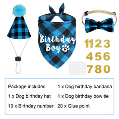 Noeud papillon JOTFA anniversaire pour chien en plaid bleu, élégant et confortable.