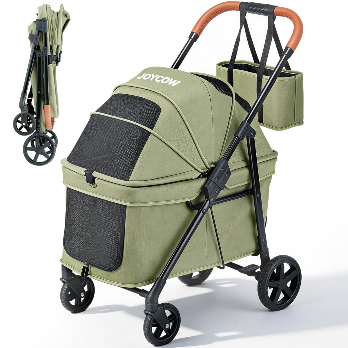 JOYCOW poussette pour chiens: deux petits chiens, couleur verte, pratique en voyage.