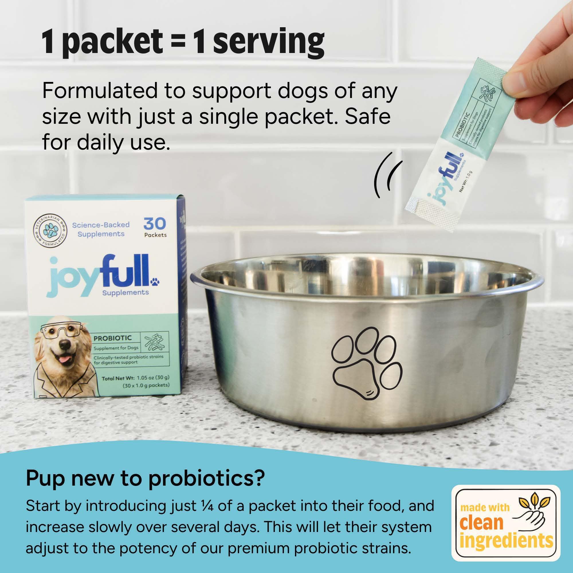 JoyFull Probiotiques chien – ingrédients prébiotiques et antioxydants pour l'immunité.