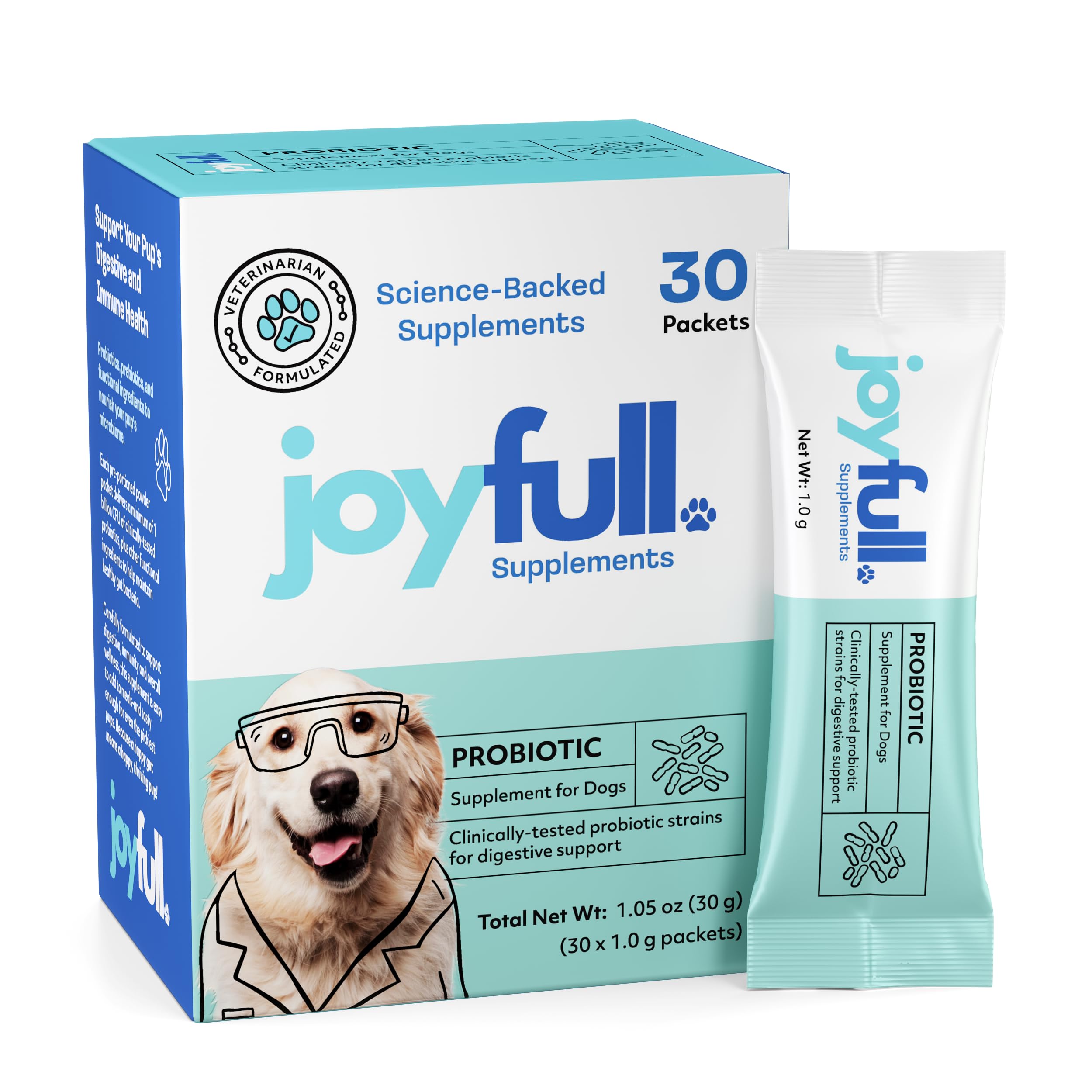 JoyFull Probiotiques chien – sachets 1 g faciles à doser pour l'alimentation.