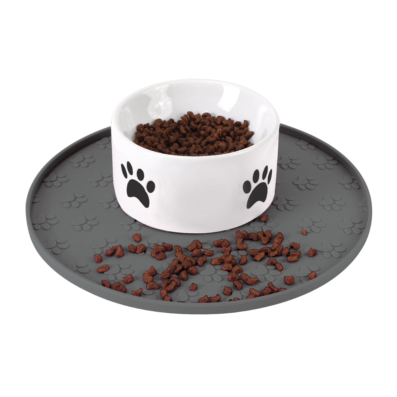 Joyinjojo tapis alimentaire pour animaux, silicone gris, bord élevé, protège le sol des déversements.
