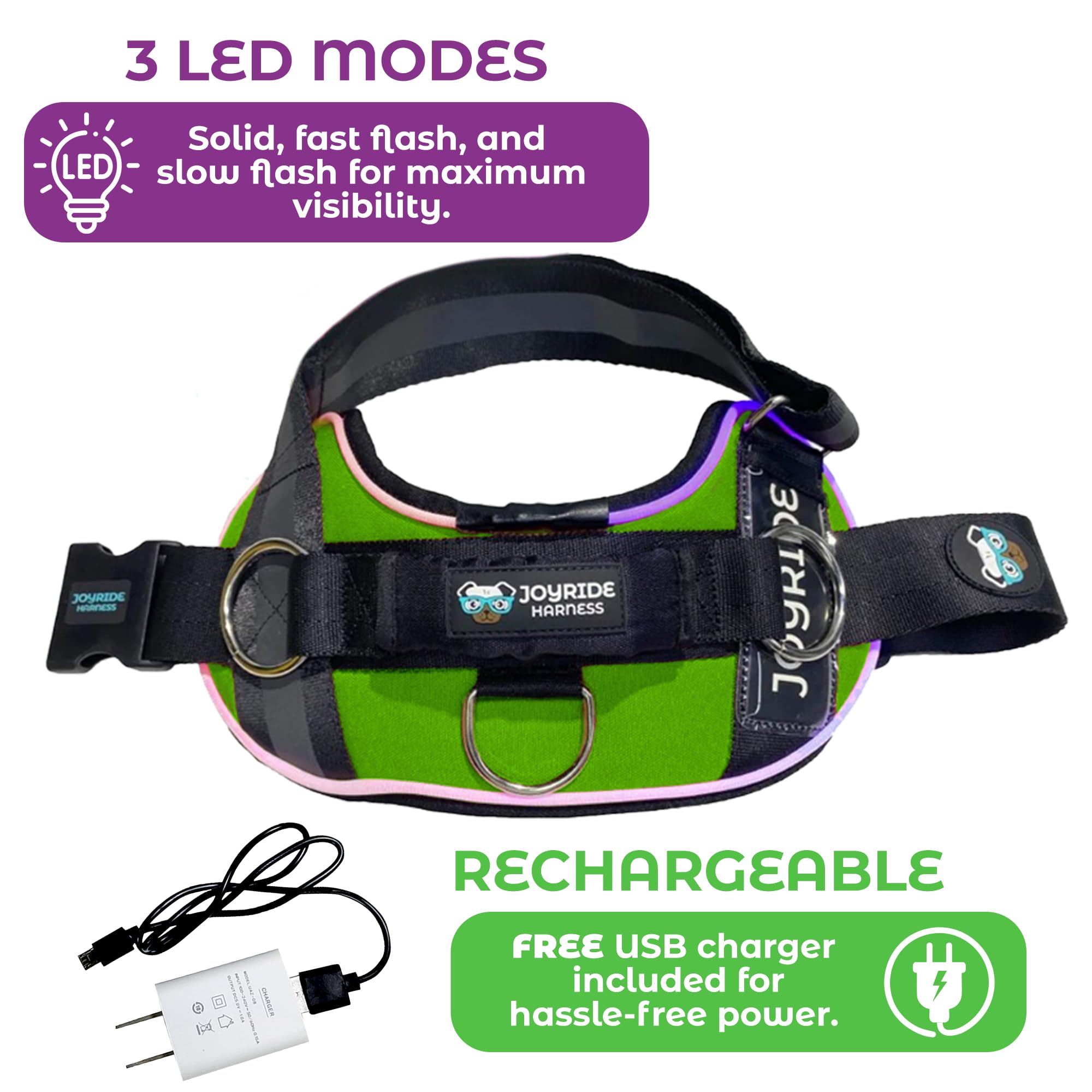 Joyride Harness modes d’éclairage solides, rapides et lents pour une visibilité adaptée.