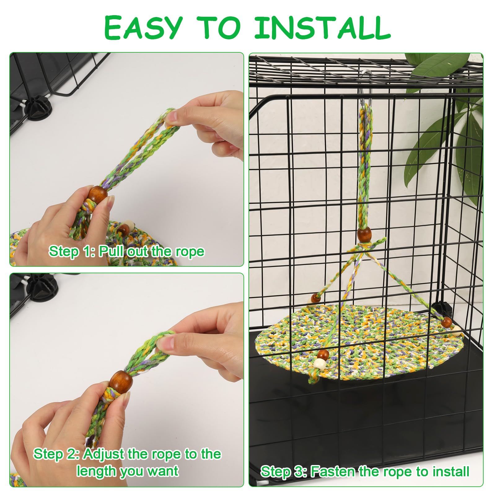 Hamac adapté à la cage avec barre transversale pour stabilité.