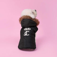 Juicy Couture veste capuche fourrure pour animaux, chaleur et style noir.
