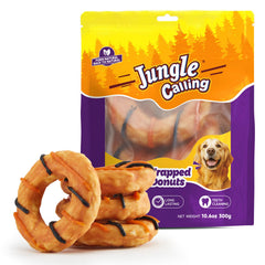 Friandises Jungle Calling: anneaux collagene poulet enrobés pour une mastication durable.