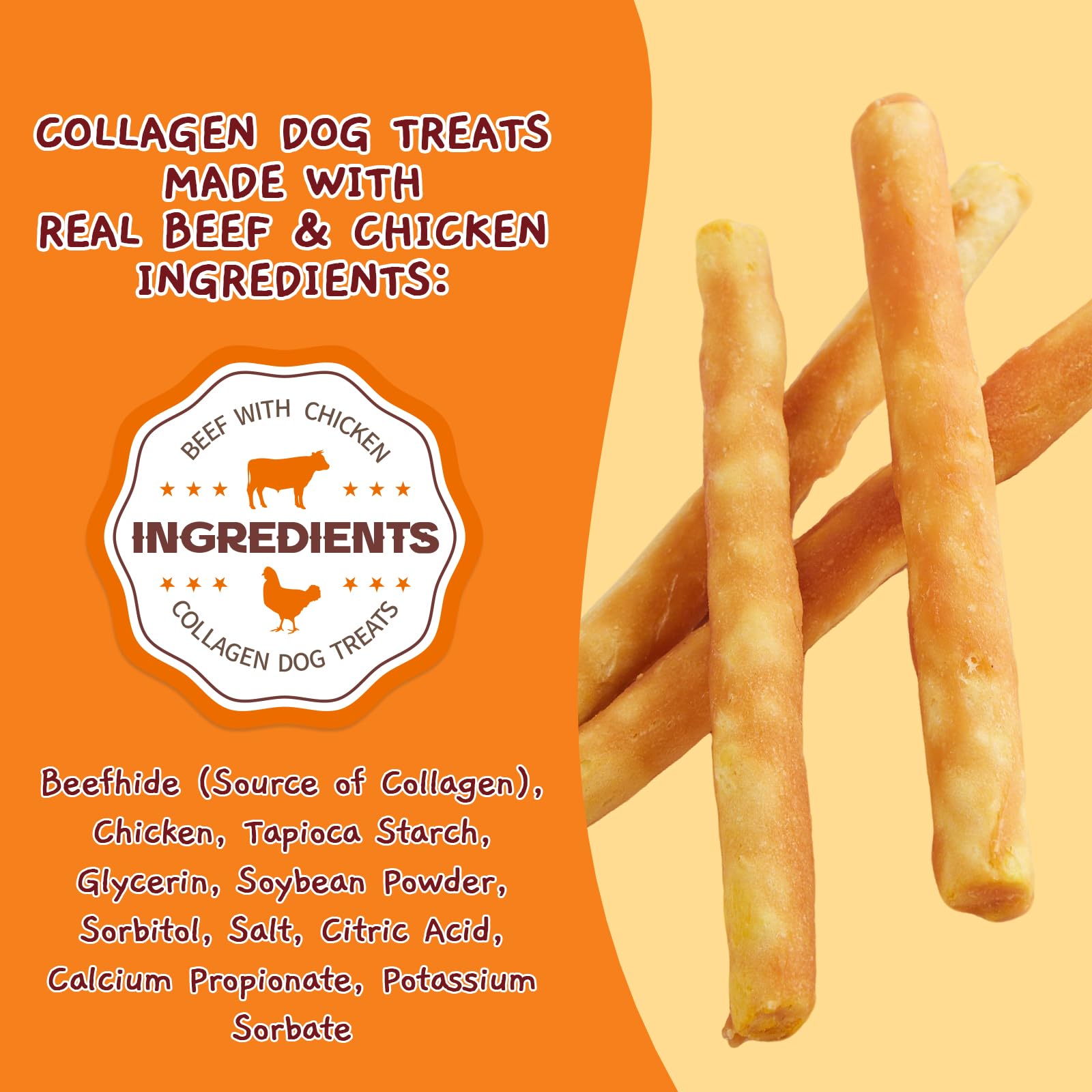 Gros plan sur batonnet collagene poulet, adapté aux chiens de petite taille.