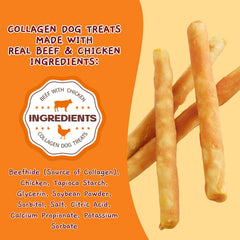 Gros plan sur batonnet collagene poulet, adapté aux chiens de petite taille.