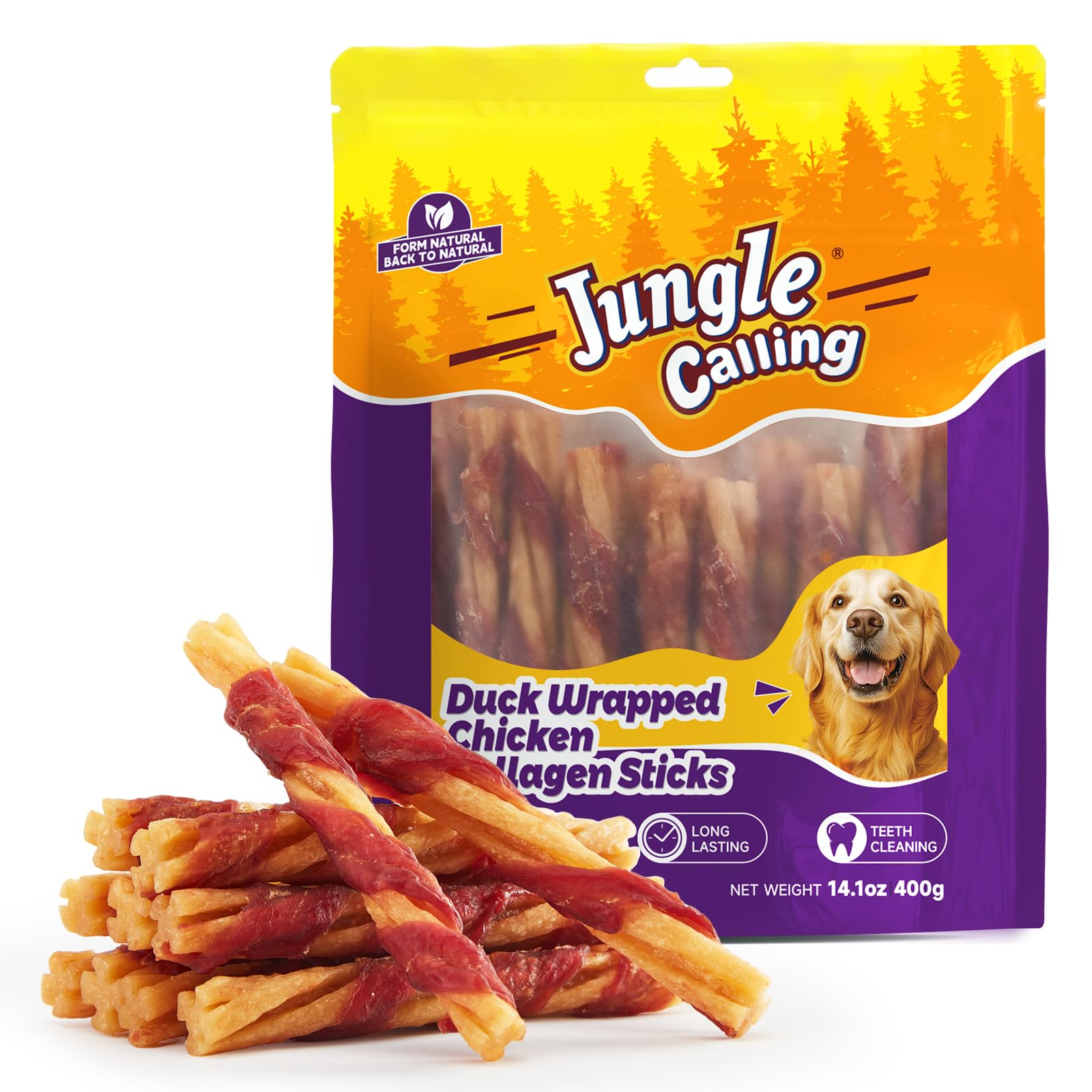 Bâtonnets Jungle Calling au collagène poulet, mâchage durable pour chiens actifs.