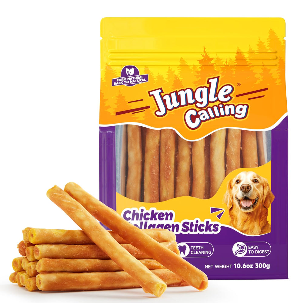 Bâtonnets collagene Jungle Calling au poulet, récompense savoureuse pour chien.