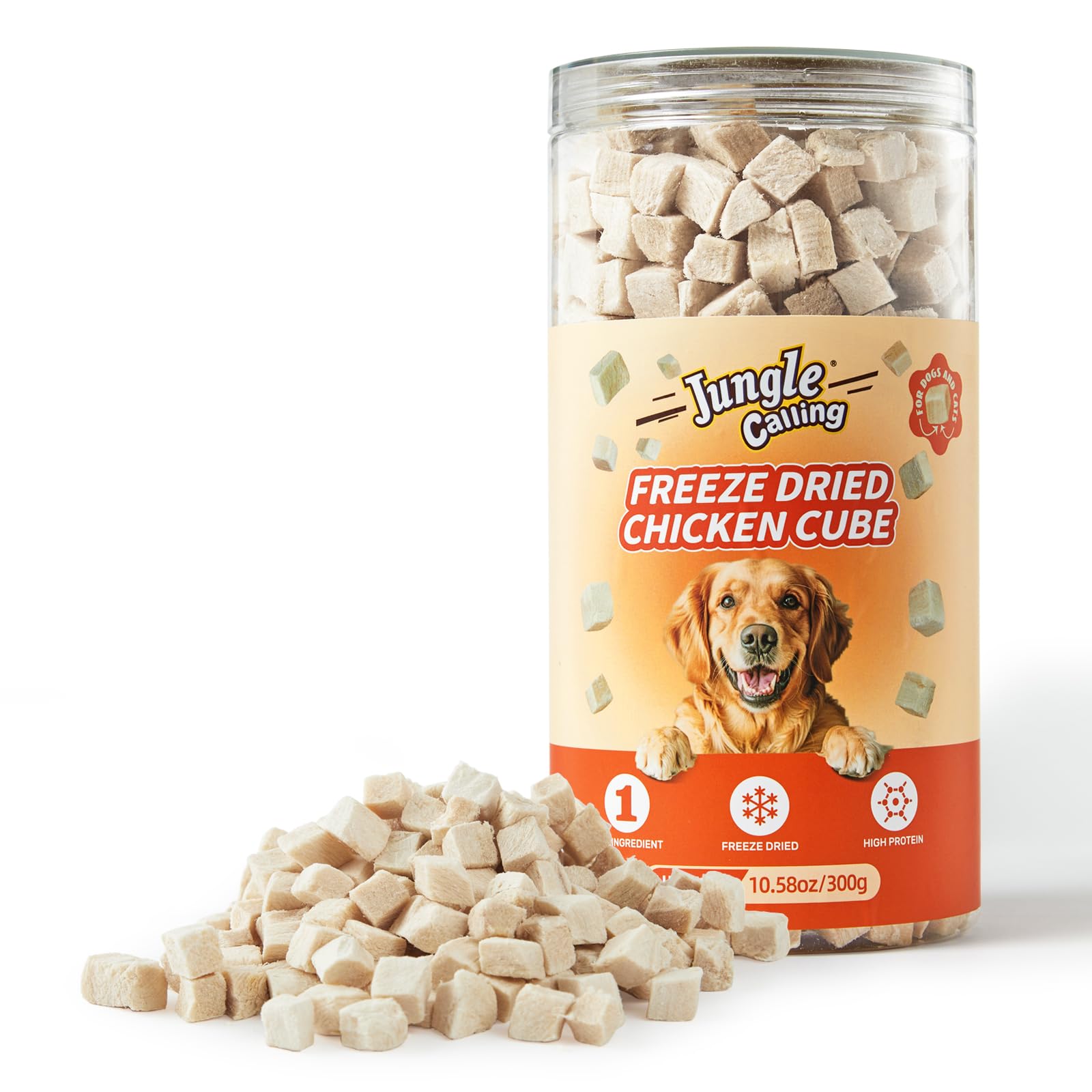 Jungle Calling bouchées poulet lyophilisé pour chat, goût riche et digestion facilitée.