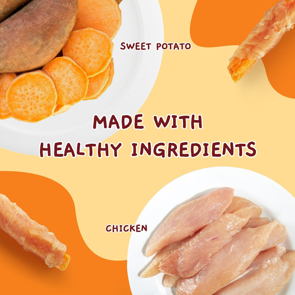 Gourmandises Jungle Calling: chien poulet sans peau enroule patate douce, texture moelleuse.