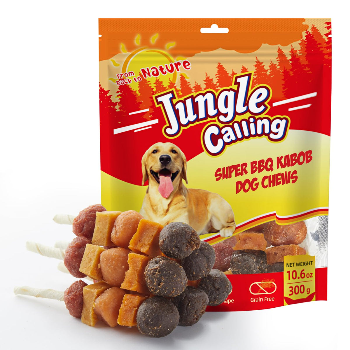 Kabobs Jungle Calling poulet canard boeuf patate douce potiron pour chien, friandise protéinée.