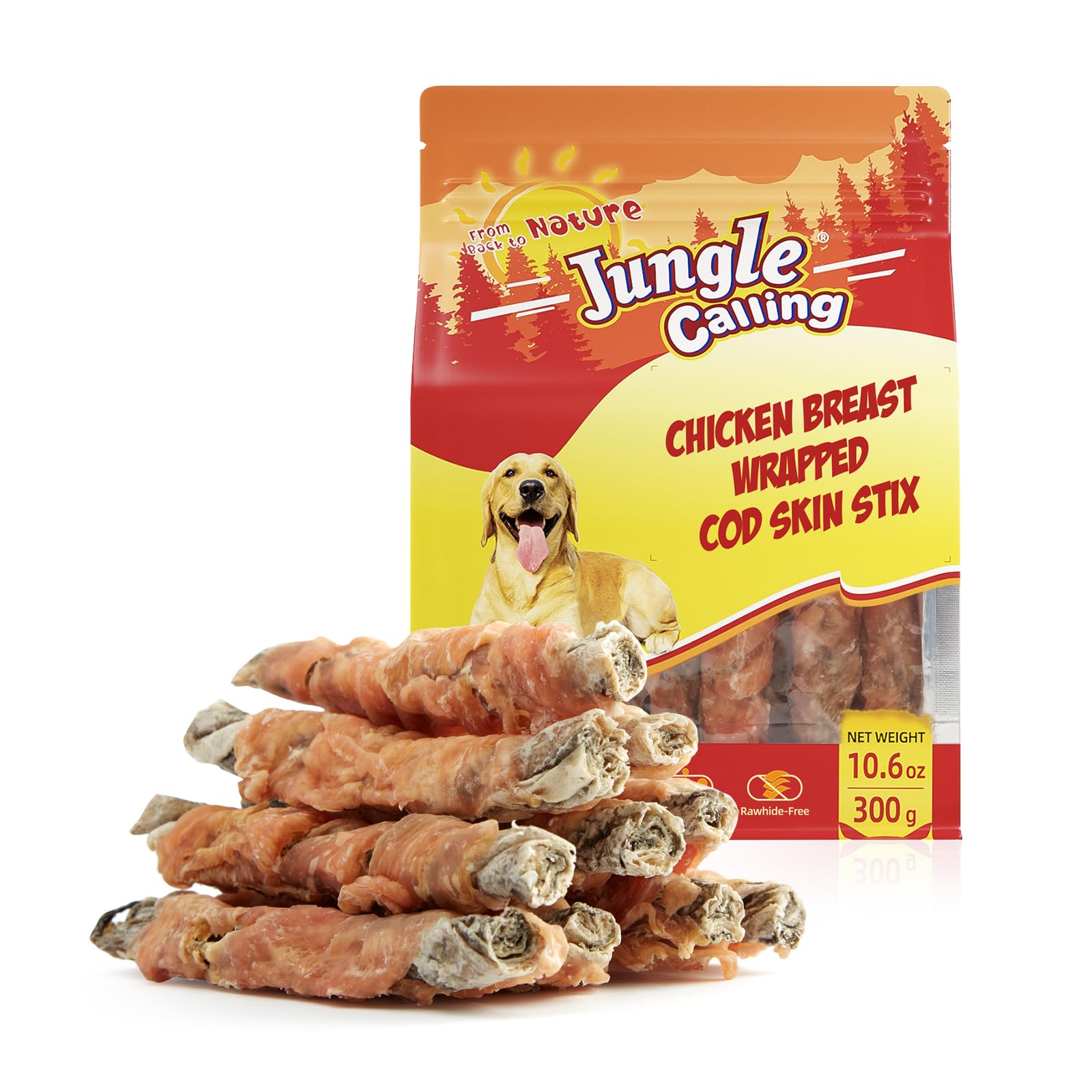 Friandise Jungle Calling : morue enrobée de poulet, protéine élevée pour récompenser votre chien.