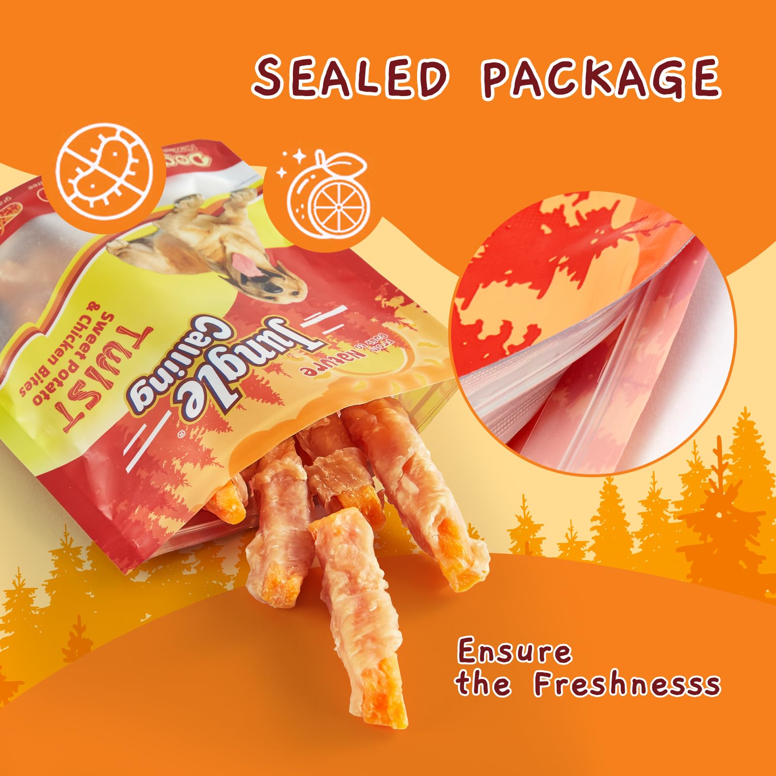 Petites friandises Jungle Calling: poulet sans peau enroule patate douce, option adaptée au dressage.