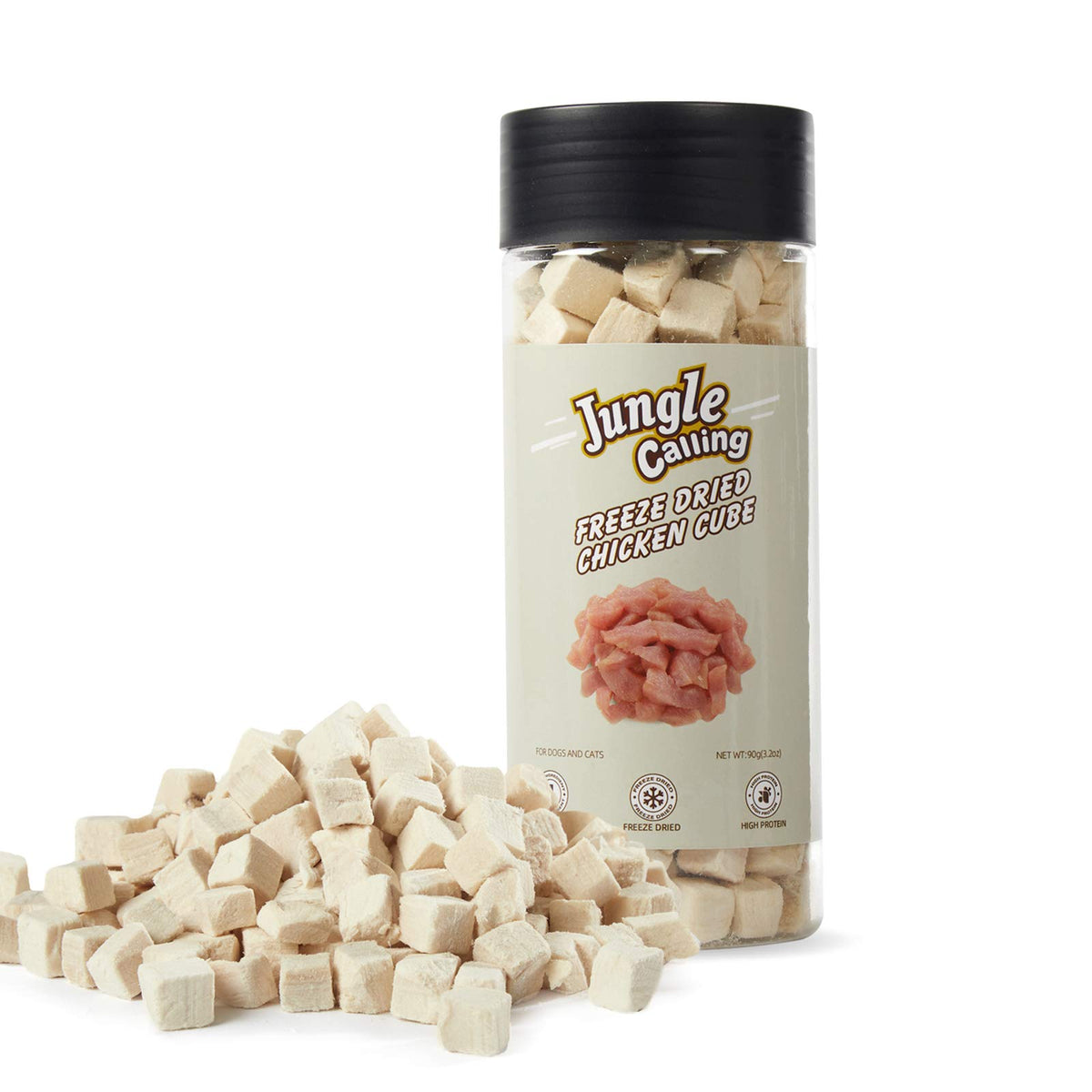 Jungle Calling: cubes lyophilisés au poulet dans une jarre à fermeture double, pratique à emporter.