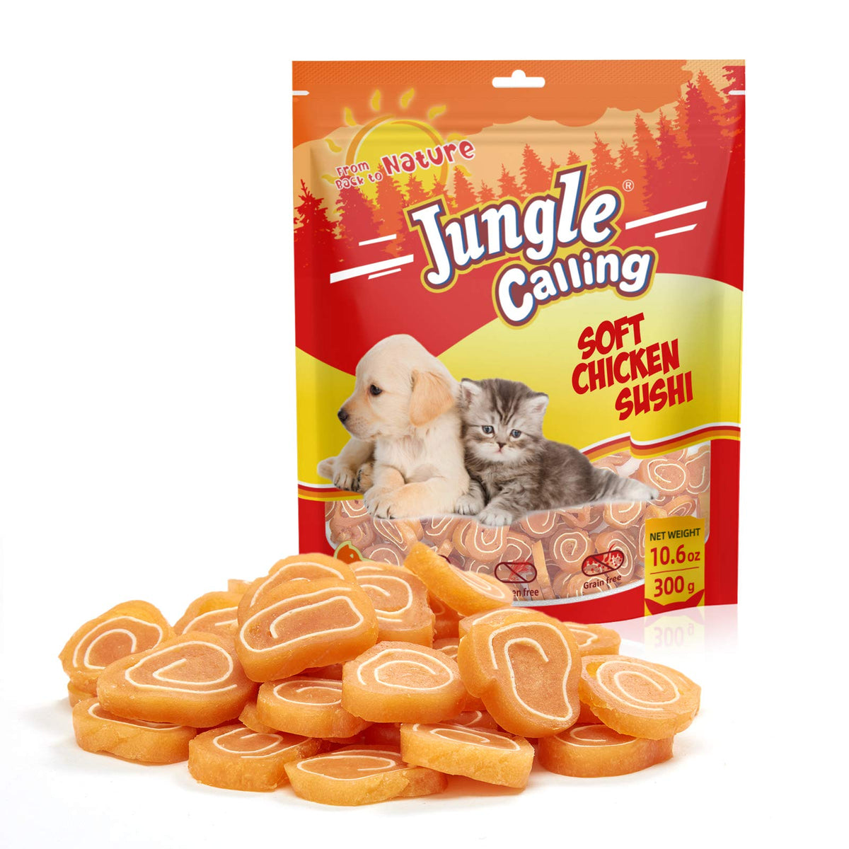 Jungle Calling sushi-poulet-morue, friandises protéinées pour chiens et chats.