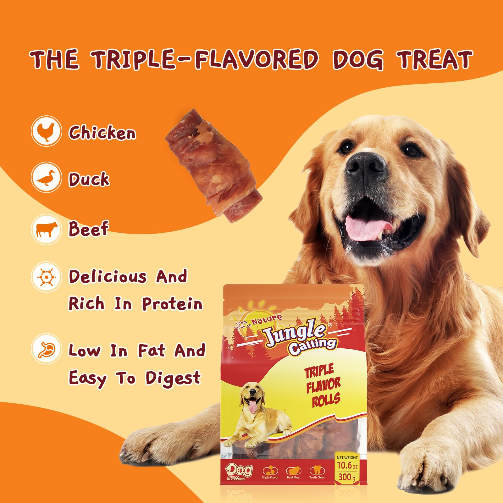 Jungle Calling Triple Flavor Rolls sans cuir cru, option sûre pour certains chiens.