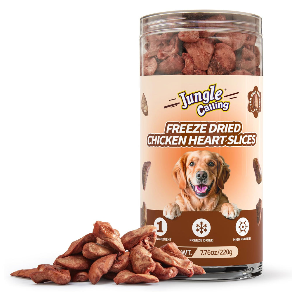 Jungle Calling coeurs-poulet-demis, récompense riche en protéines pour chats et chiens.