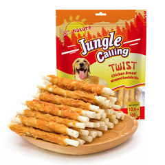 Friandise Jungle Calling enrobée de poulet adaptée aux petits chiens pour récompense.